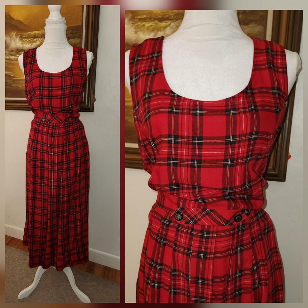 Vintage 1970s 1980s Red Plaid Maxi Dress by Bedford Fair NOS - Picture 1 of 12